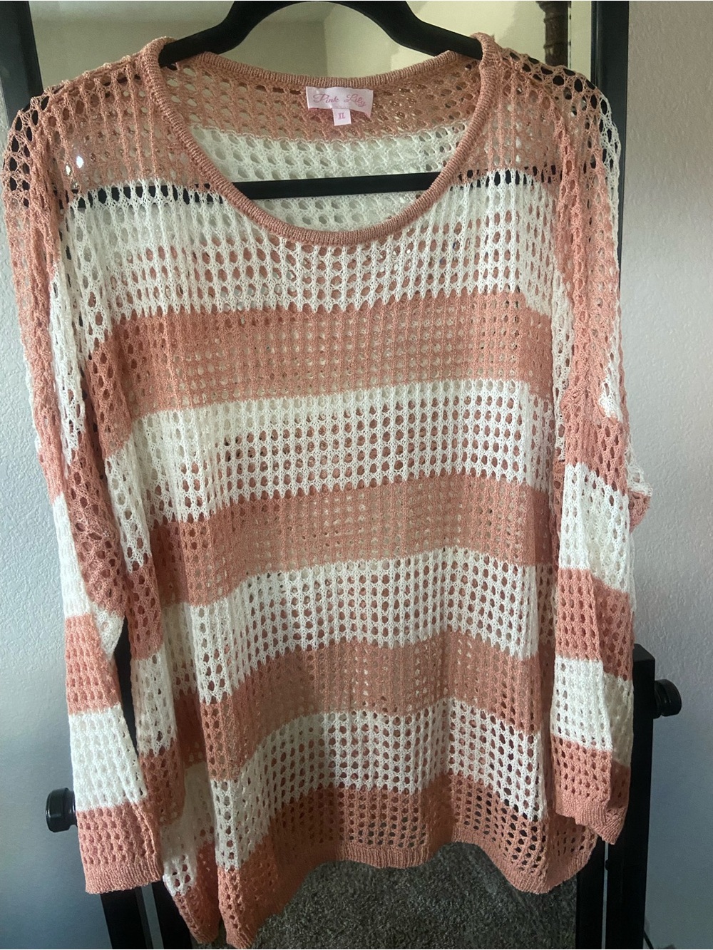 Pink Lily Open-Knit Scoop Neck Sweater in Peach & Cream